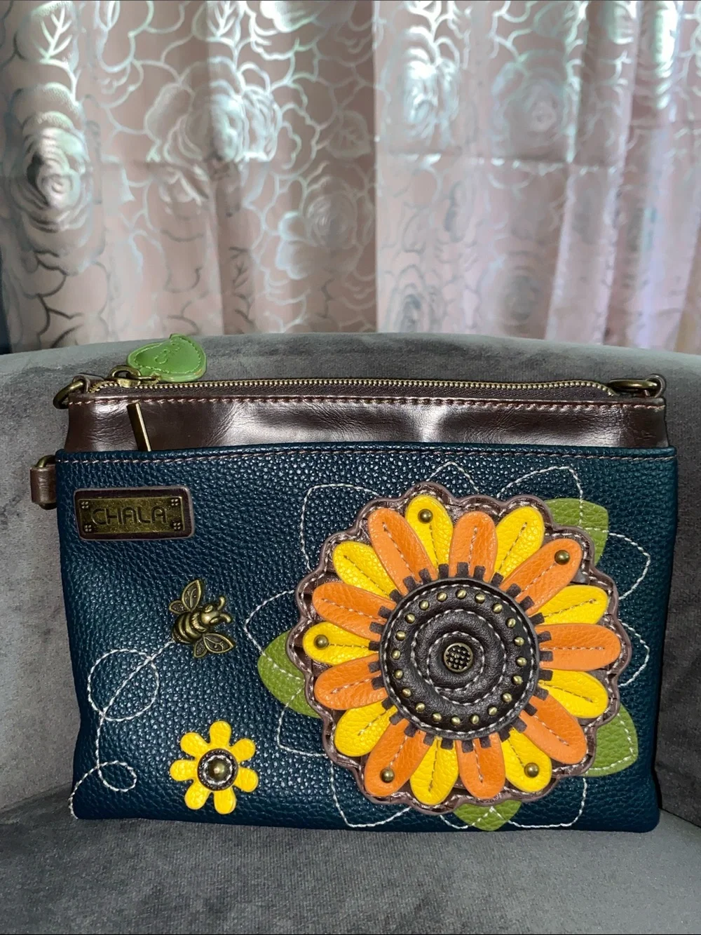 Chala Sunflower Mini Crossbody Clutch Wallet Faux Leather Blue No Straps